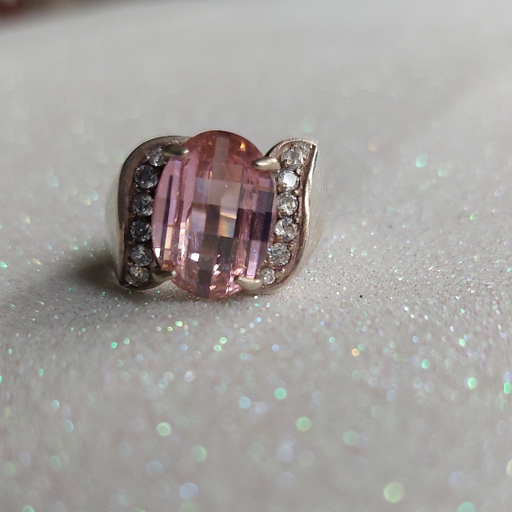 Pink Stone With CZ Accent Sterling Silver 925 Estate Ring w/Wide Band. Size 7.75